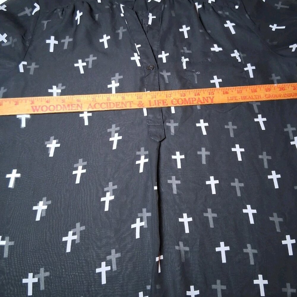 Wet Seal Holy Cross Blouse XL Black Sheer Roll Tab Sleeve Emo Goth Religious - Picture 3 of 14